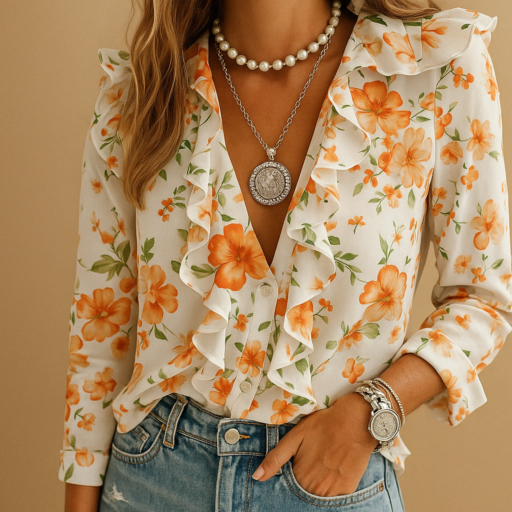 Blouse with ruffles and butterfly print for women | Felicity