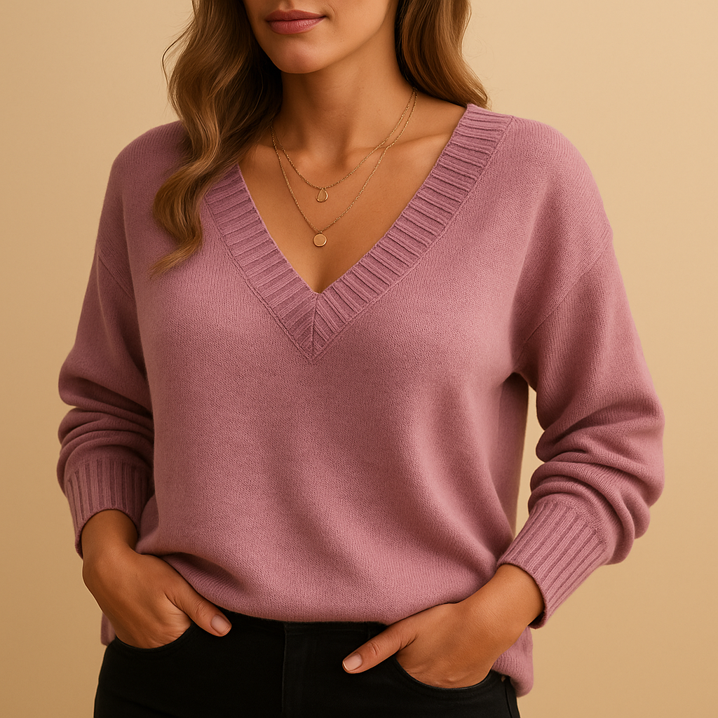 Casual knitted sweater with deep V-neck for women | Hannah