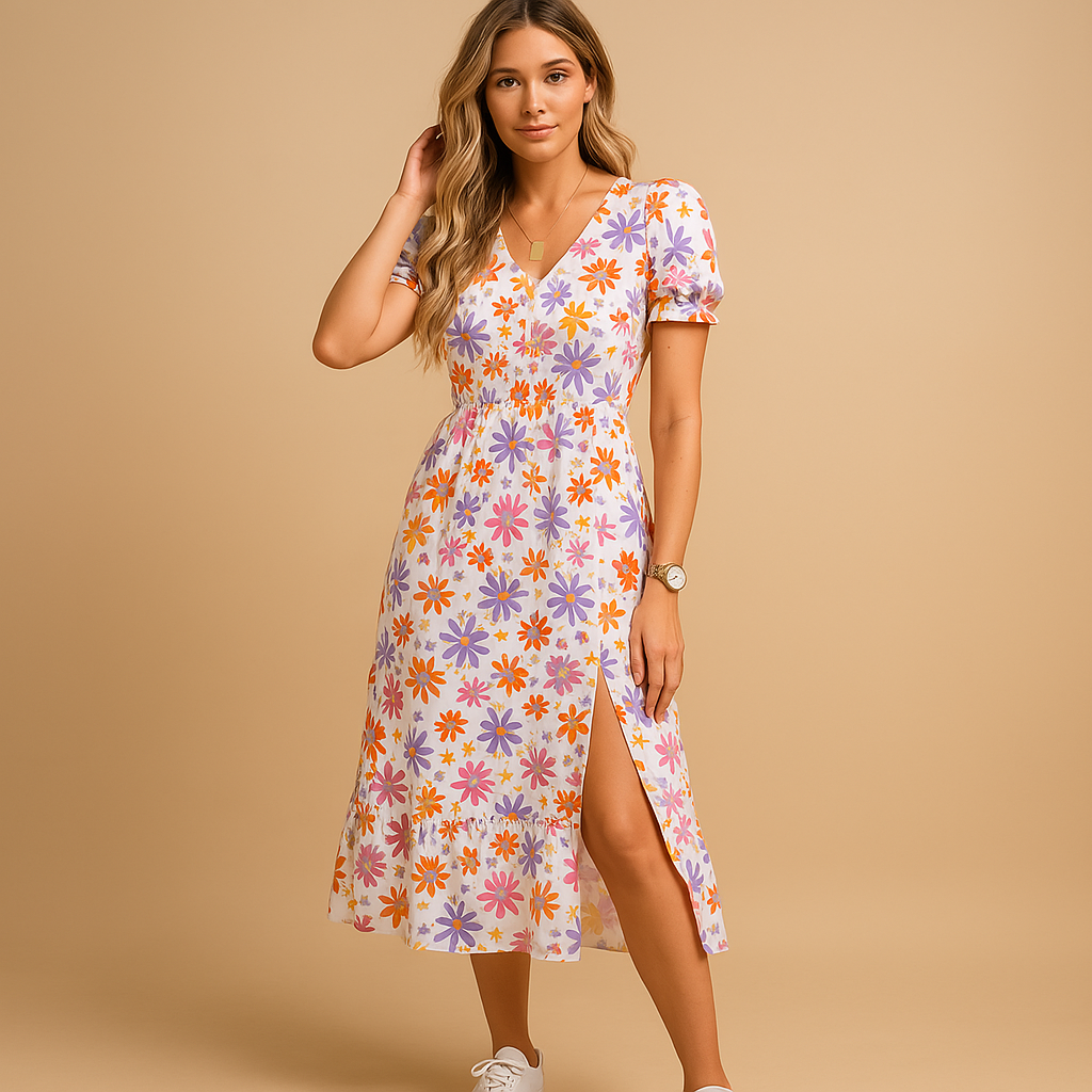 Elegant maxi dress with V-neck and slit for women | Serena