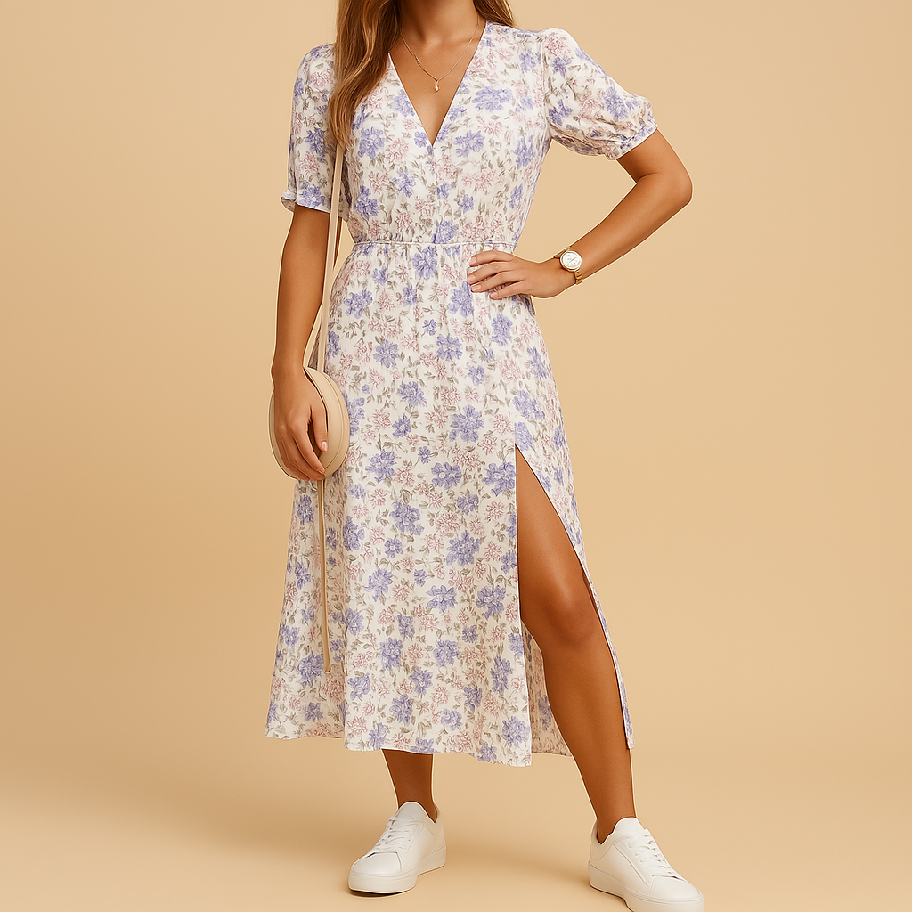 Elegant maxi dress with V-neck and slit for women | Serena