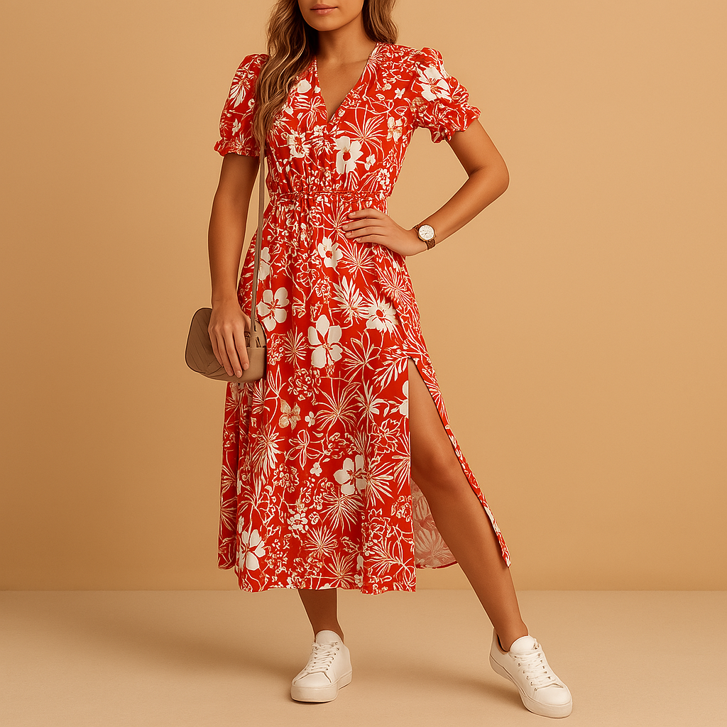 Elegant maxi dress with V-neck and slit for women | Serena