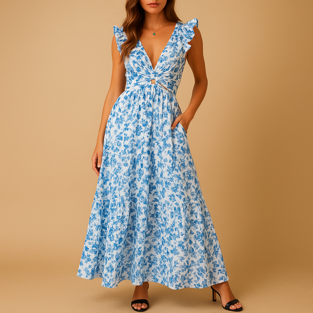 Floral maxi dress with ruffles and deep V-neck for women | Clara