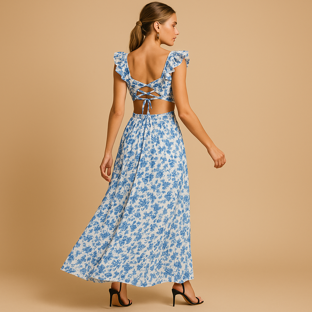 Floral maxi dress with ruffles and deep V-neck for women | Clara