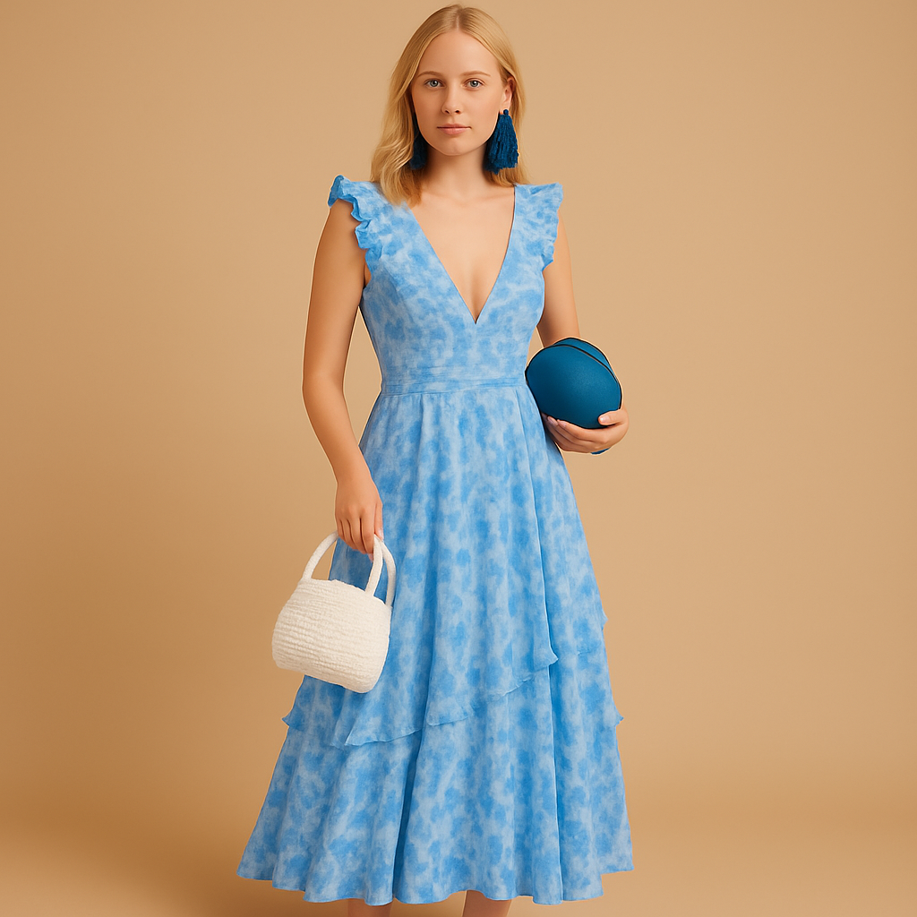 Floral maxi dress with ruffles and deep V-neck for women | Clara