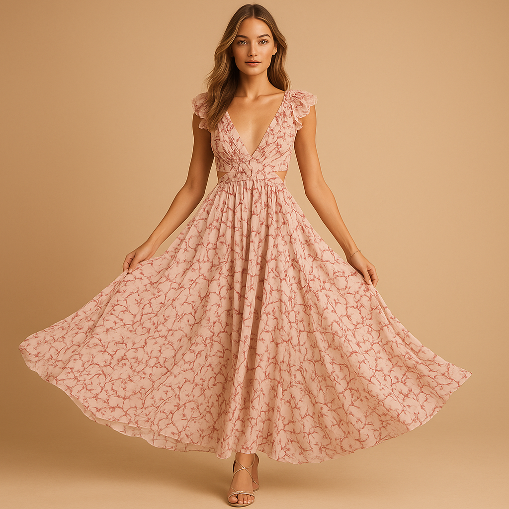Floral maxi dress with ruffles and deep V-neck for women | Clara