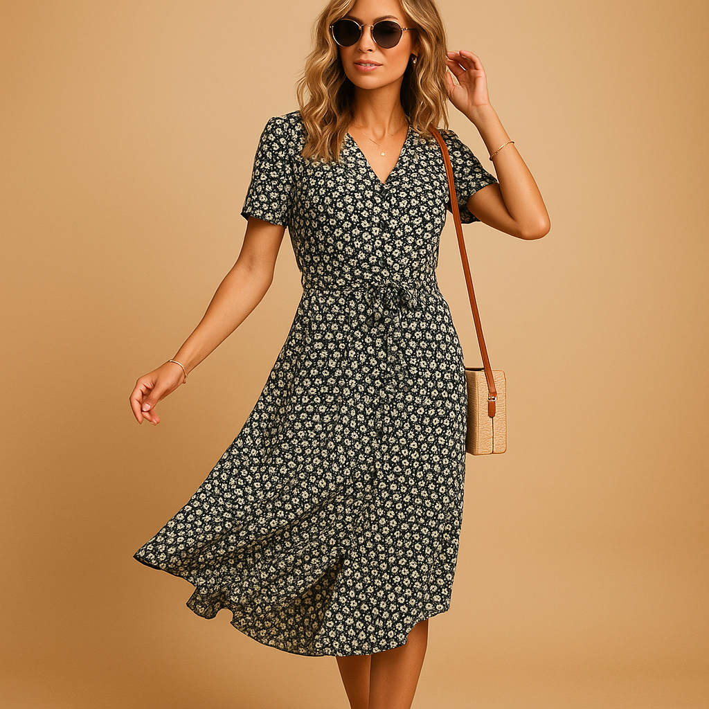 Floral midi dress with short sleeves for women | Lily