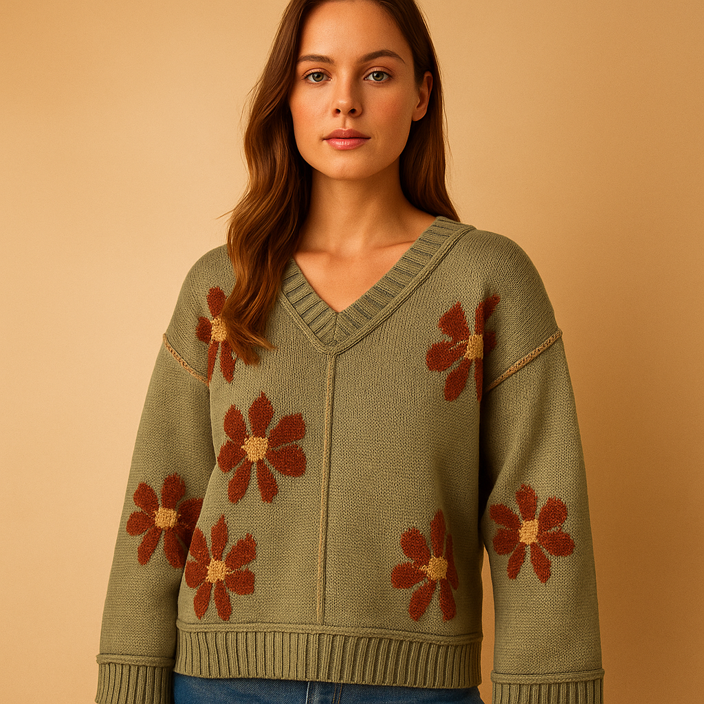 Knitted V-neck sweater with floral pattern for women | Isla