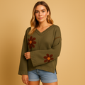 Knitted V-neck sweater with floral pattern for women | Isla