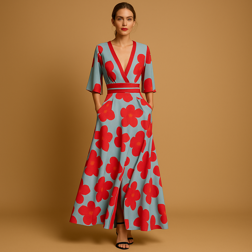 Long floral V-neck dress with pockets for women | Celeste