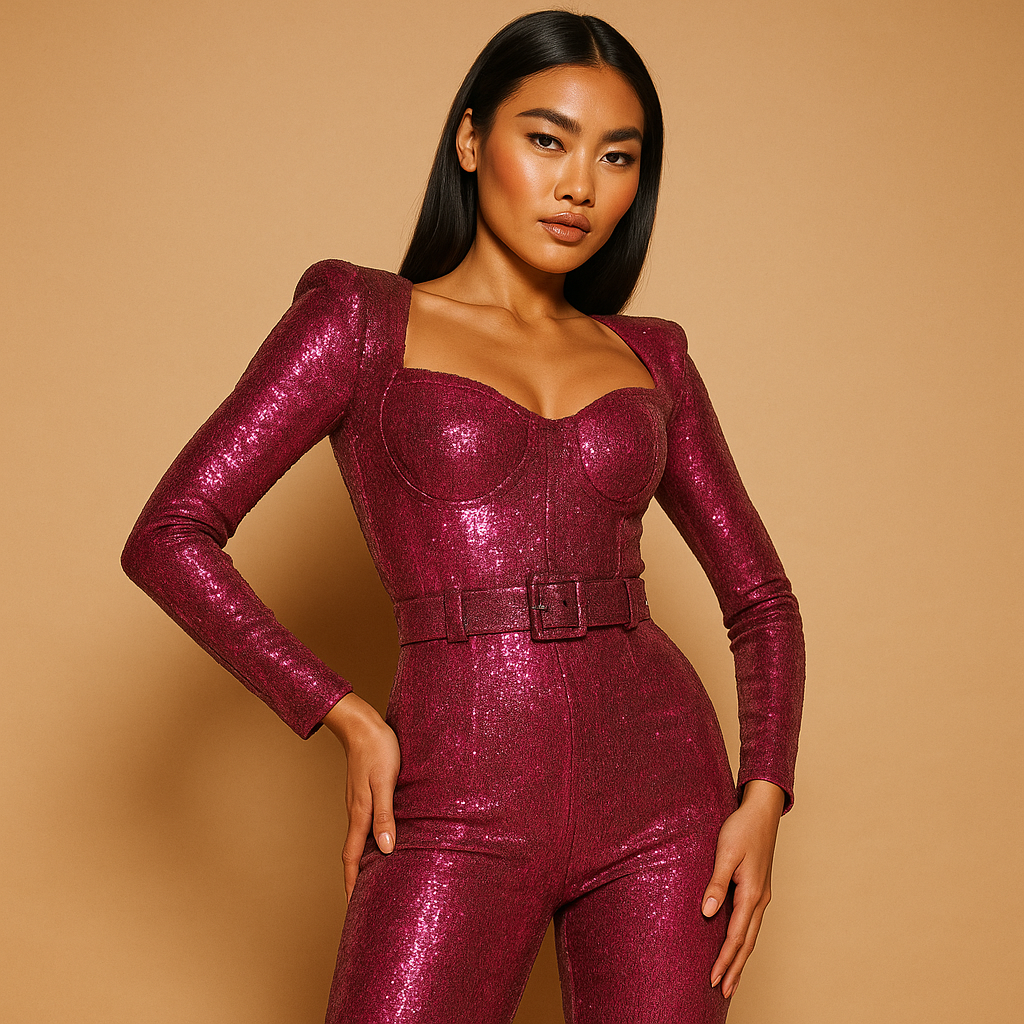 Shiny long sleeve jumpsuit for women | Alessia