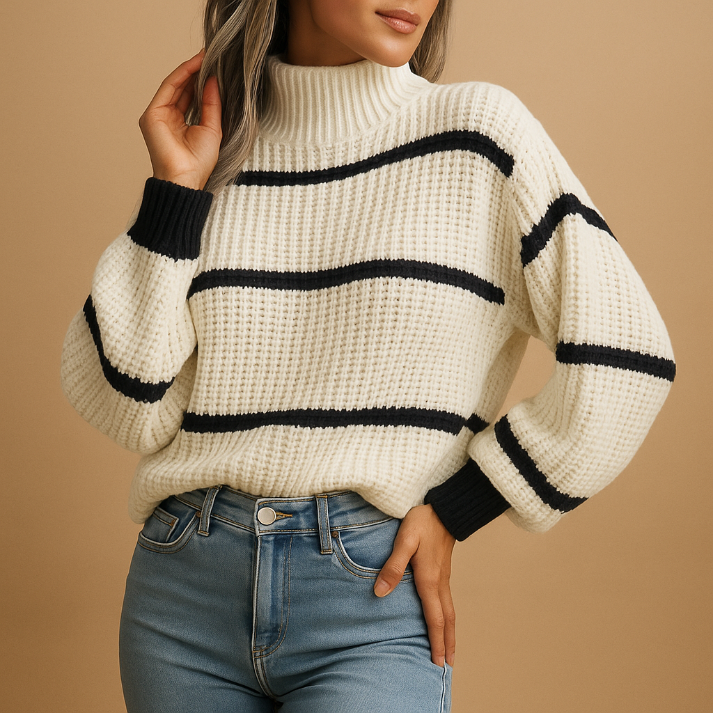 Striped knitted sweater with high neck for women | Sophia