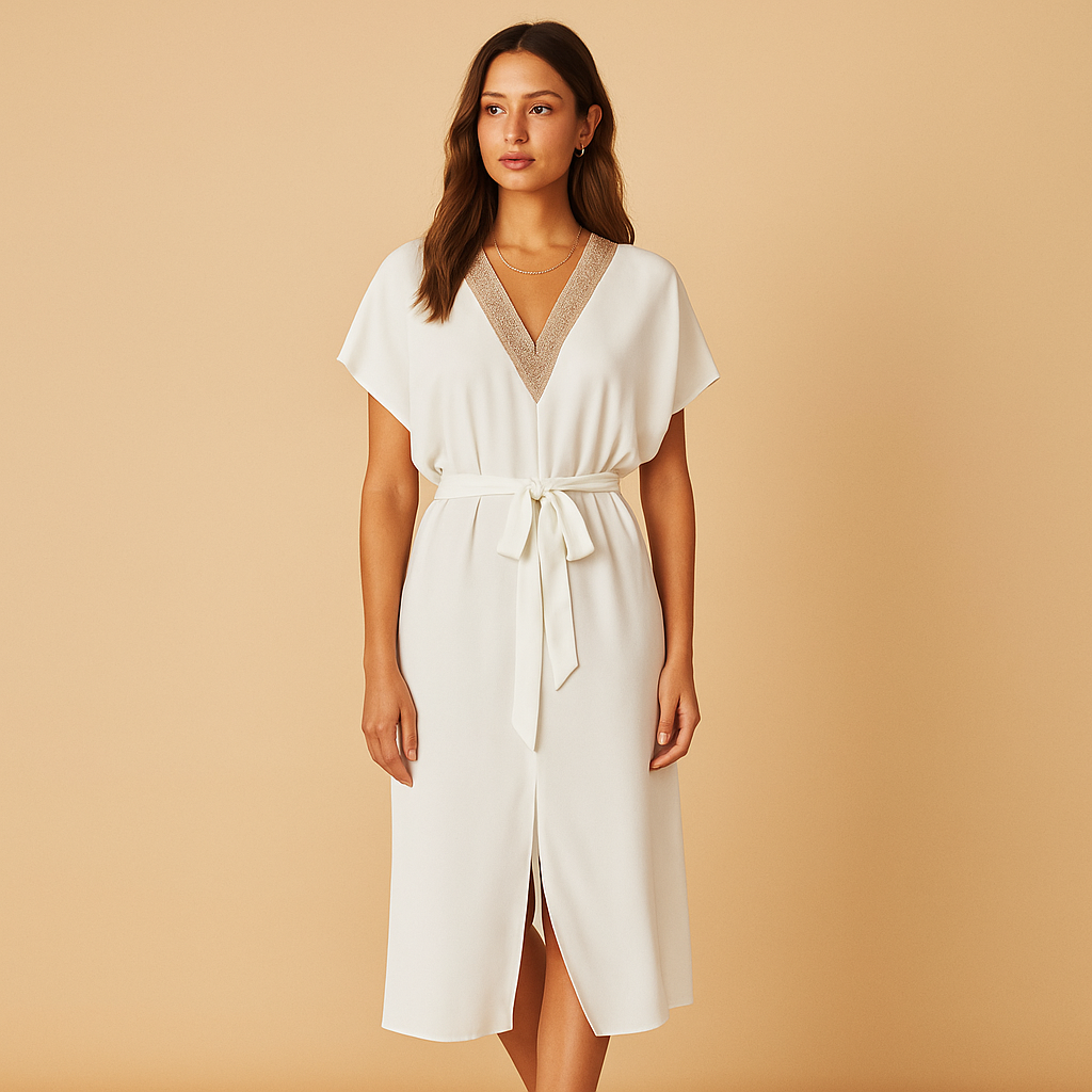 White midi dress with V-neck for women | Isla