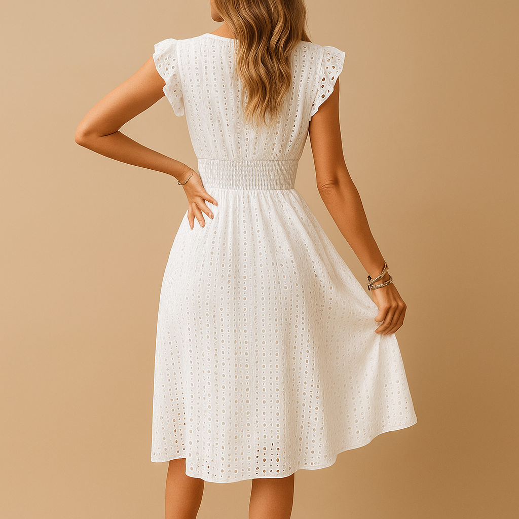 White sleeveless midi summer dress with ruffles for women | Grace